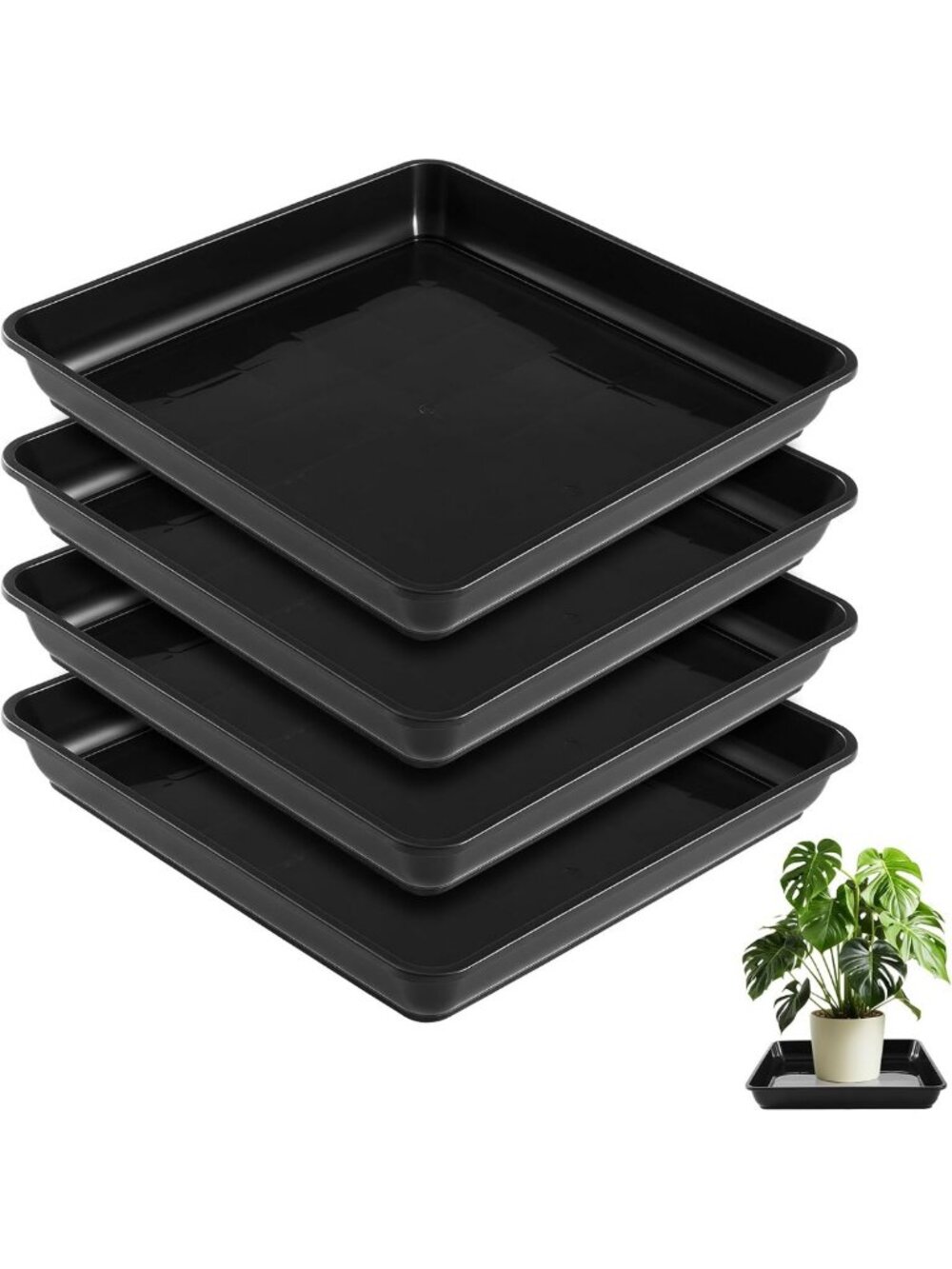 Large Black Plant Saucer 4 Pack - 23.6" Square Potting Tray for Indoor/Outdoor